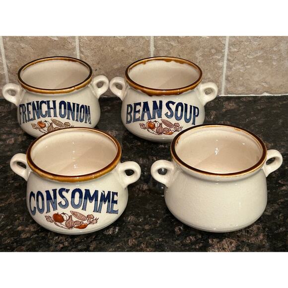 Vintage Set of 4 Stoneware Japan handle Soup Bowls Onion Bean Mushroom Cups Mugs - Picture 5 of 11